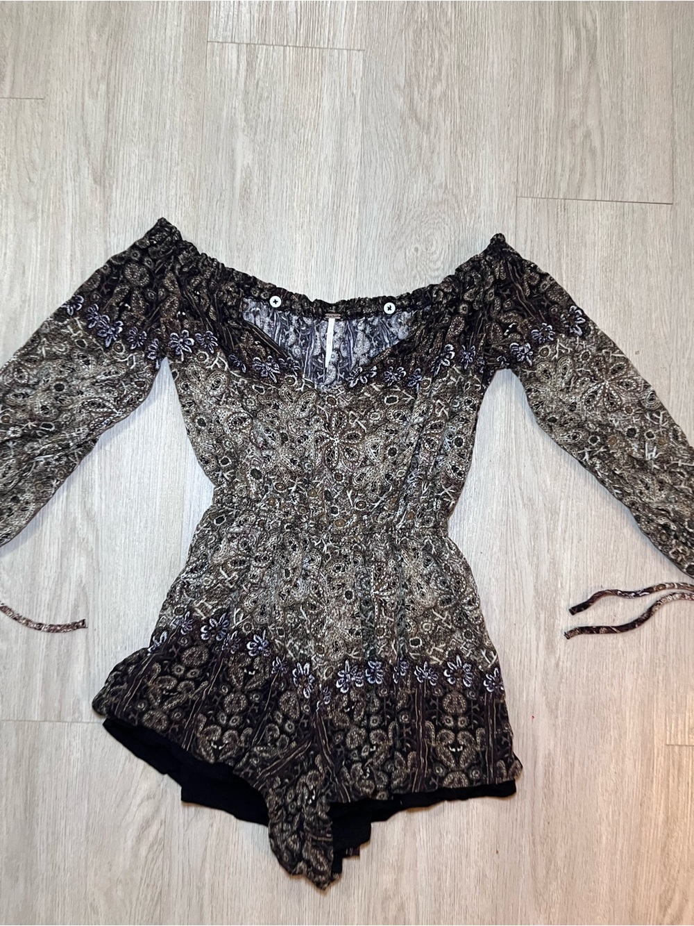 Free People Brown Paisley Off-Shoulder Tunic Romper